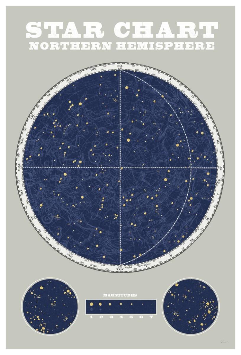 Northern Star Chart Blue Gray -Paper Art-42X62
