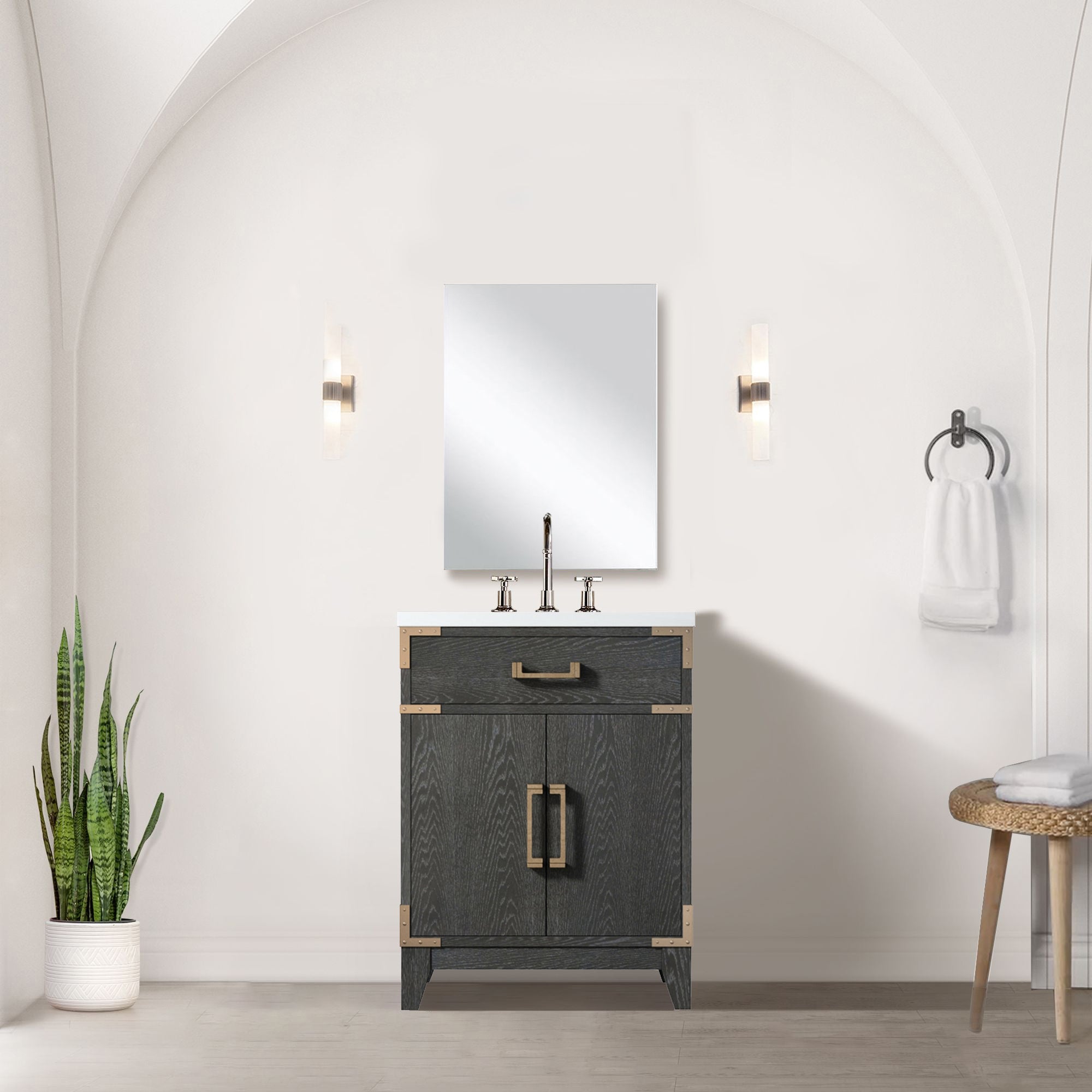 Black Oak Single Bath Vanity 24 in. W x 18 in. D, Acrylic Countertop, 18 in. Mirror and Faucet Set