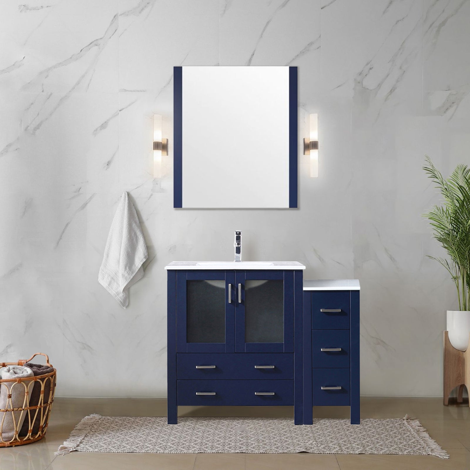 Navy Blue Single Bath Vanity 42 in. W x 18.25 in. D, with Side Cabinet, and White Ceramic Top