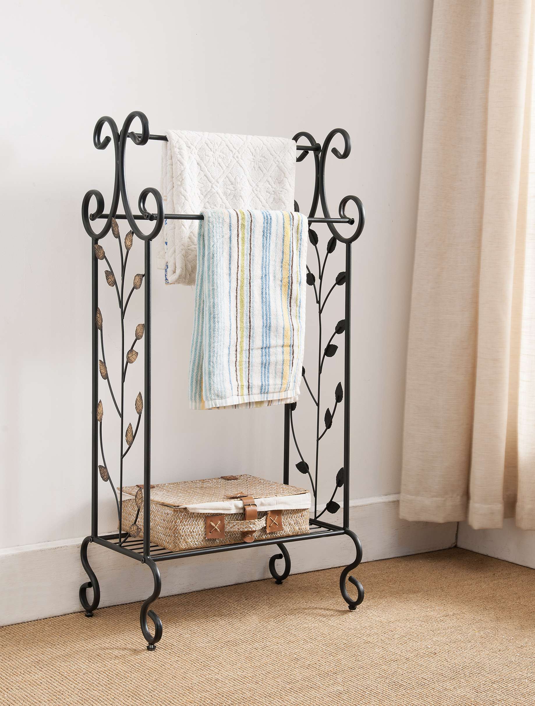 Black Metal Free Standing Towel Rack Stand With Storage Shelf & Gold Leaf Design