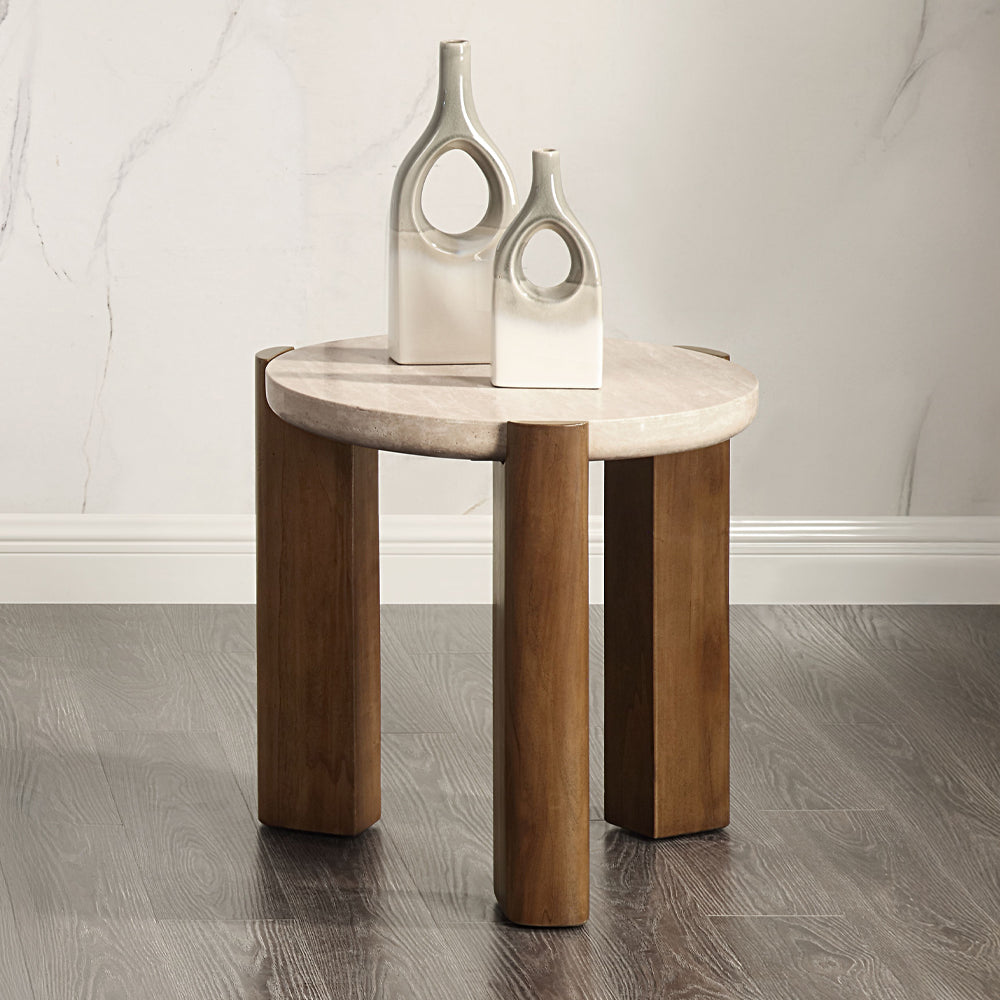 ACME Leonardo End Table, Travertine Top & Dark Oak